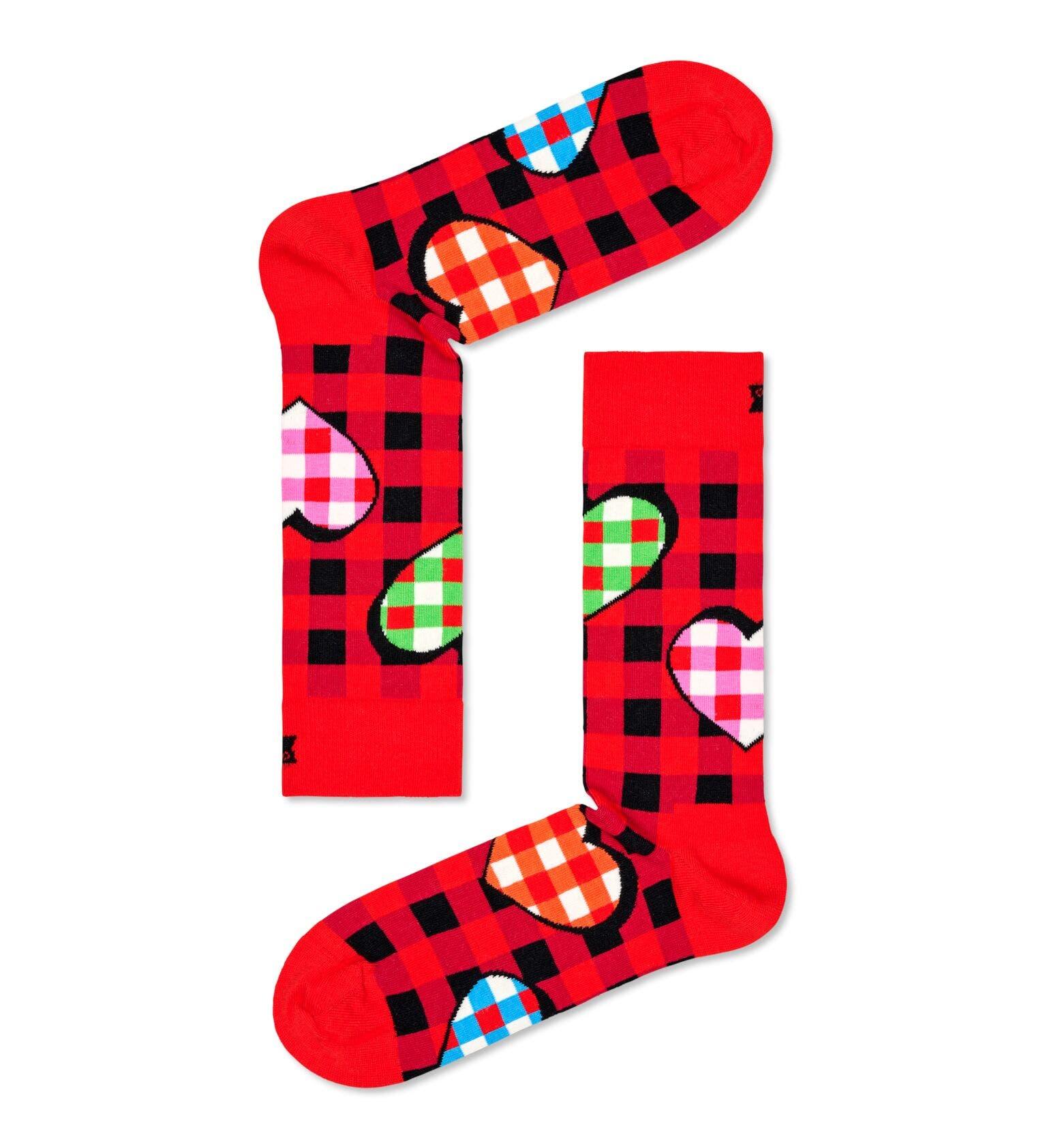 Rödrutiga strumpor med rutiga hjärtan i olika färger från Happy Socks